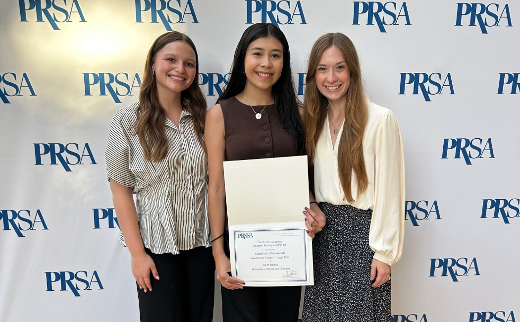 Abbie Morton, PRSSA president; Rubi Hernandez, Jacht director of account development; and Makayla Maxson, Jacht photographer and PRSSA student.